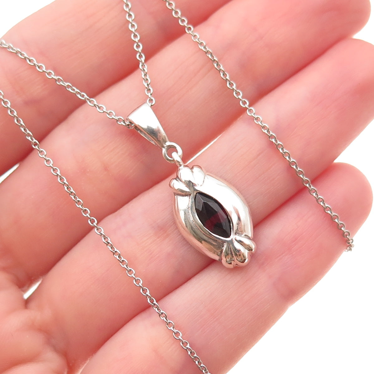 925 Sterling Silver Vintage Real Red Garnet Cable Chain Necklace 18"