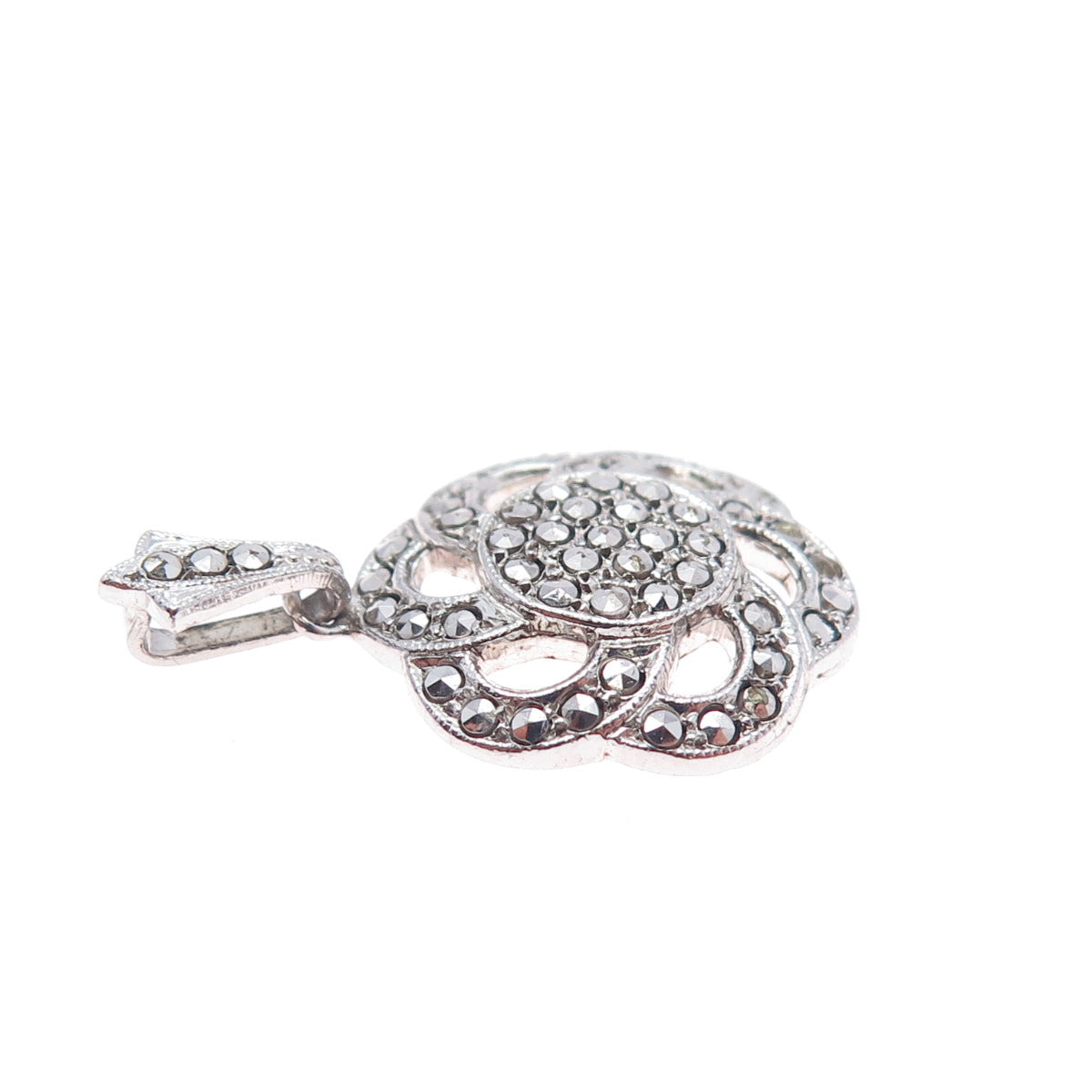 925 Sterling Silver Antique Art Deco Real Marcasite Flower Charm Pendant