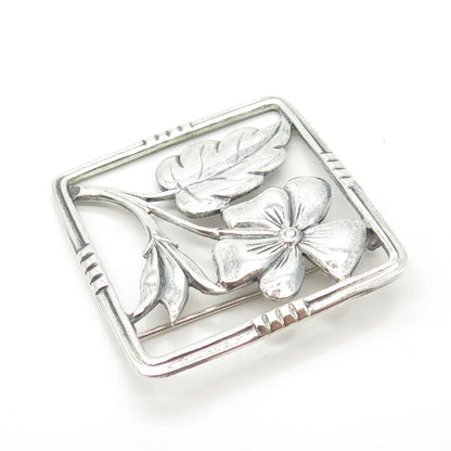 925 Sterling Silver Vintage Floral Blossom Square Pin Brooch