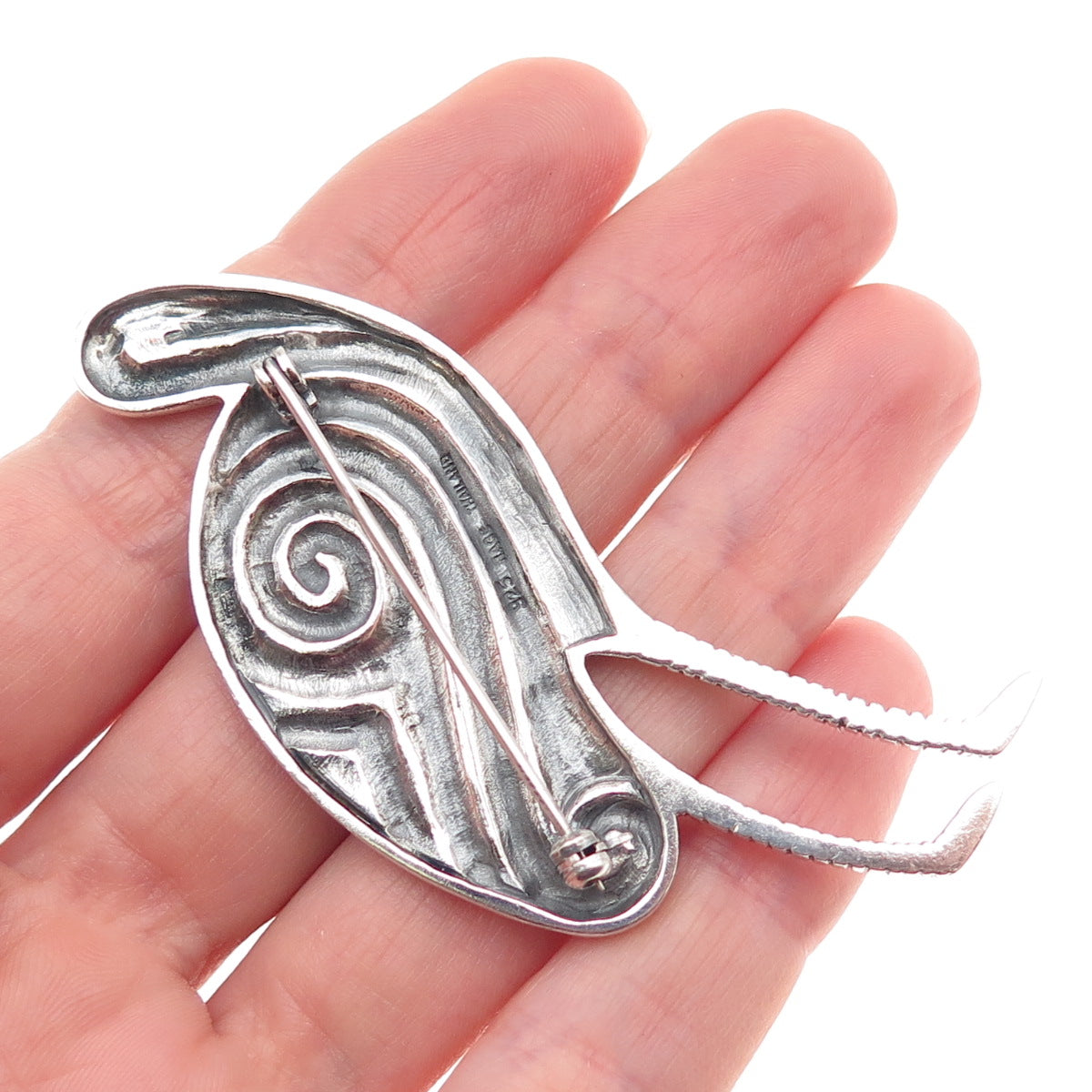 RAGE 925 Sterling Silver Vintage Modernist Stork Spiral Oxidized Pin Brooch