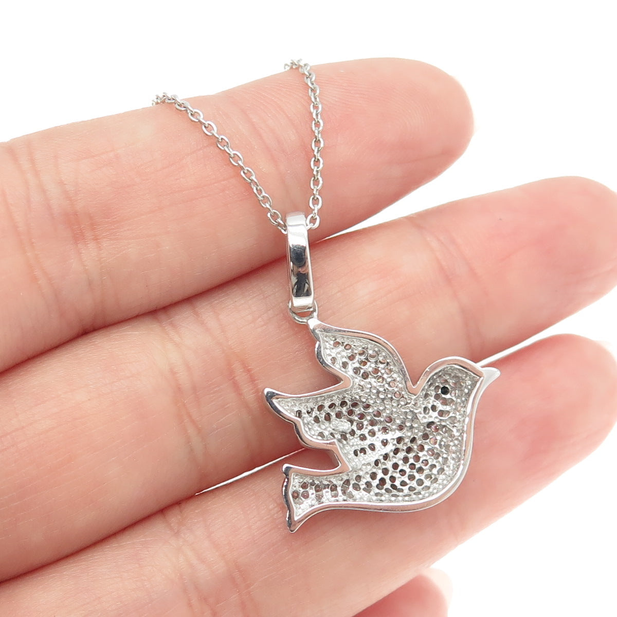 925 Sterling Silver Pave C Z Pigeon Bird Pendant Rolo Chain Necklace 18"