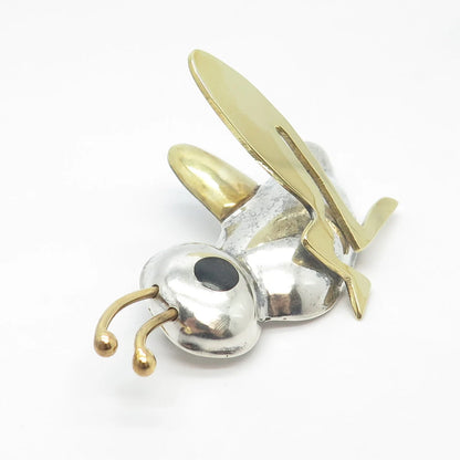 925 Sterling Silver 2-Tone Vintage Taxco Black Onyx Gem Grasshopper Pin Brooch