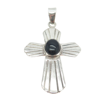 925 Sterling Silver Vintage Mexico Real Black Onyx Gemstone Cross Pendant