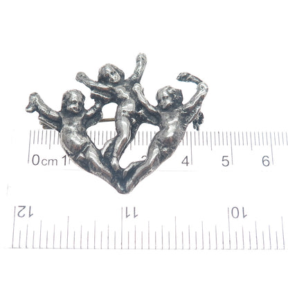 925 Sterling Silver 2-Tone Vintage Cherub Angels Oxidized Pin Brooch