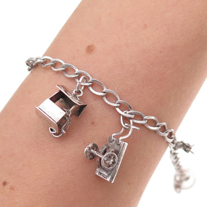 925 Sterling Silver Antique Art Deco Enamel & Crystal Multi-Charm Bracelet 7"