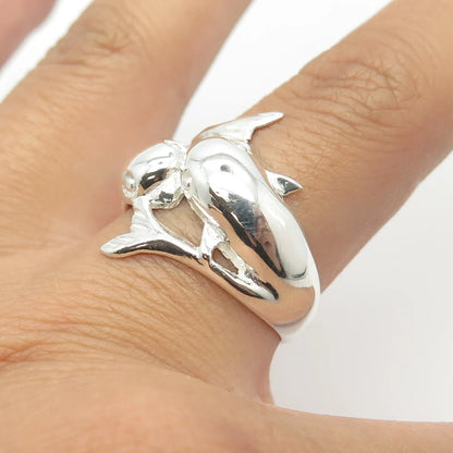 925 Sterling Silver Vintage Shiny 2 Playing Dolphins Cocktail Ring Size 9.25