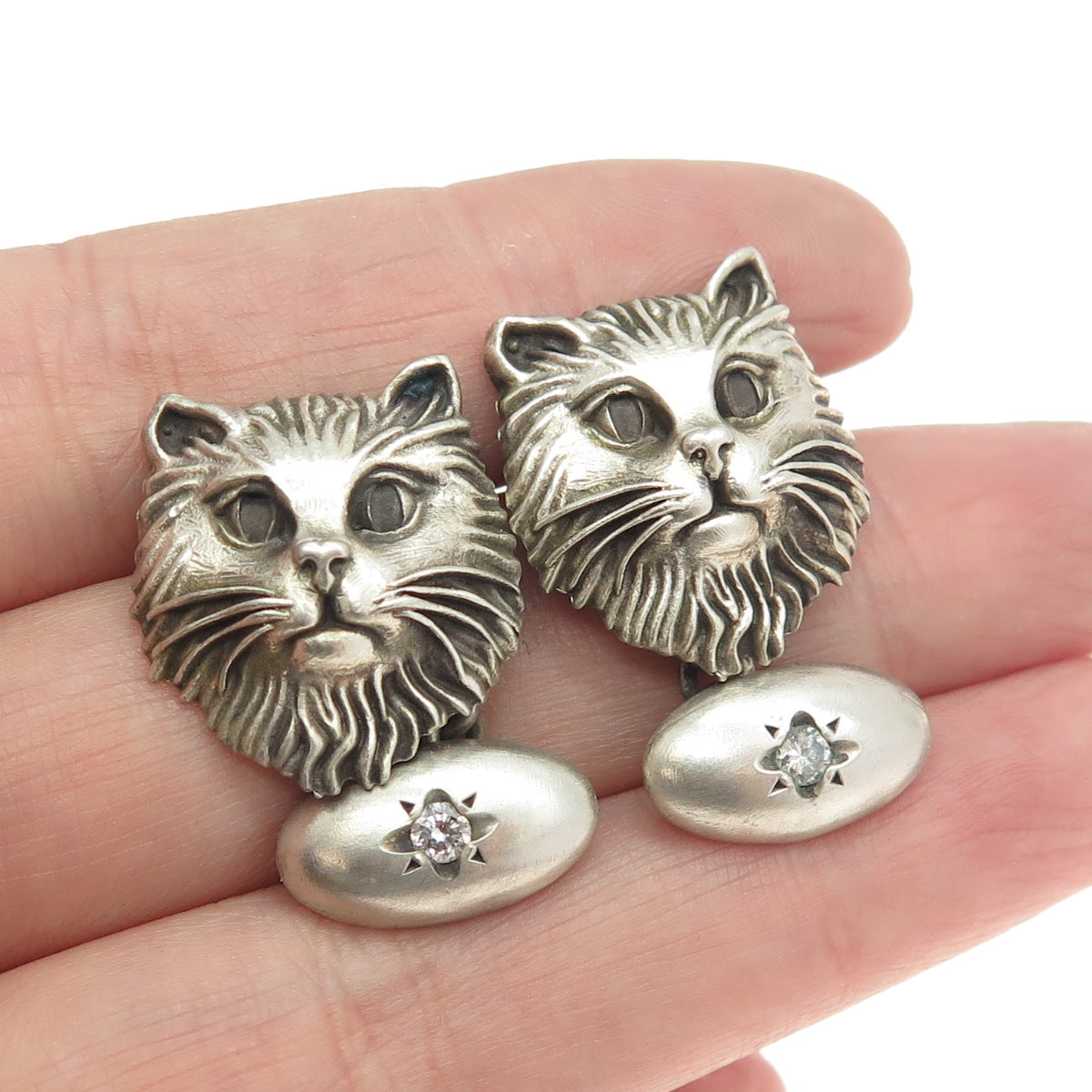 925 Sterling Silver Vintage Real Round-Cut Diamond Persian Cat Cufflinks