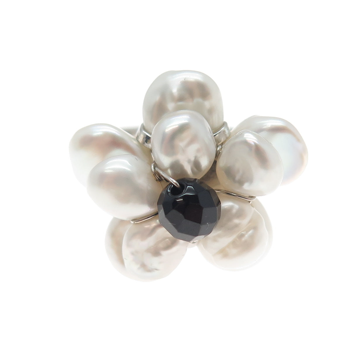 925 Sterling Silver Vintage Real Baroque Pearl Black Onyx Flower Ring Size 9.25