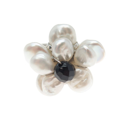925 Sterling Silver Vintage Real Baroque Pearl Black Onyx Flower Ring Size 9.25