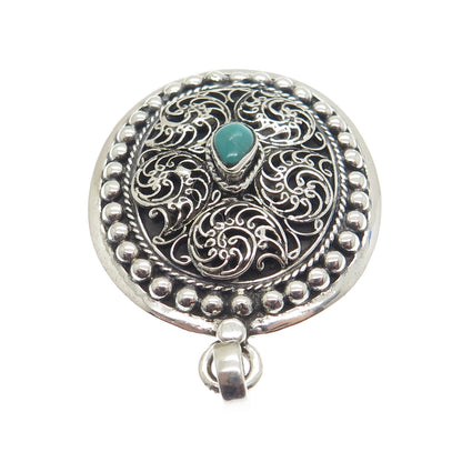 925 Sterling Silver Vintage Real Turquoise Gemstone Beaded Ornate Pendant