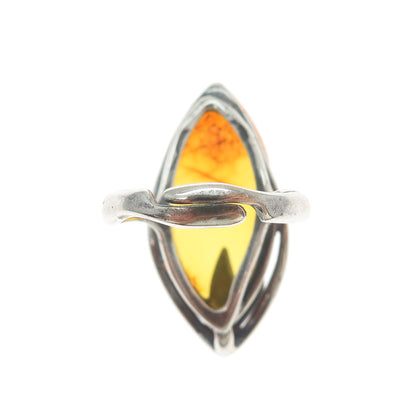 925 Sterling Silver Vintage Real Amber Modernist Adjustable Ring Size 9.75