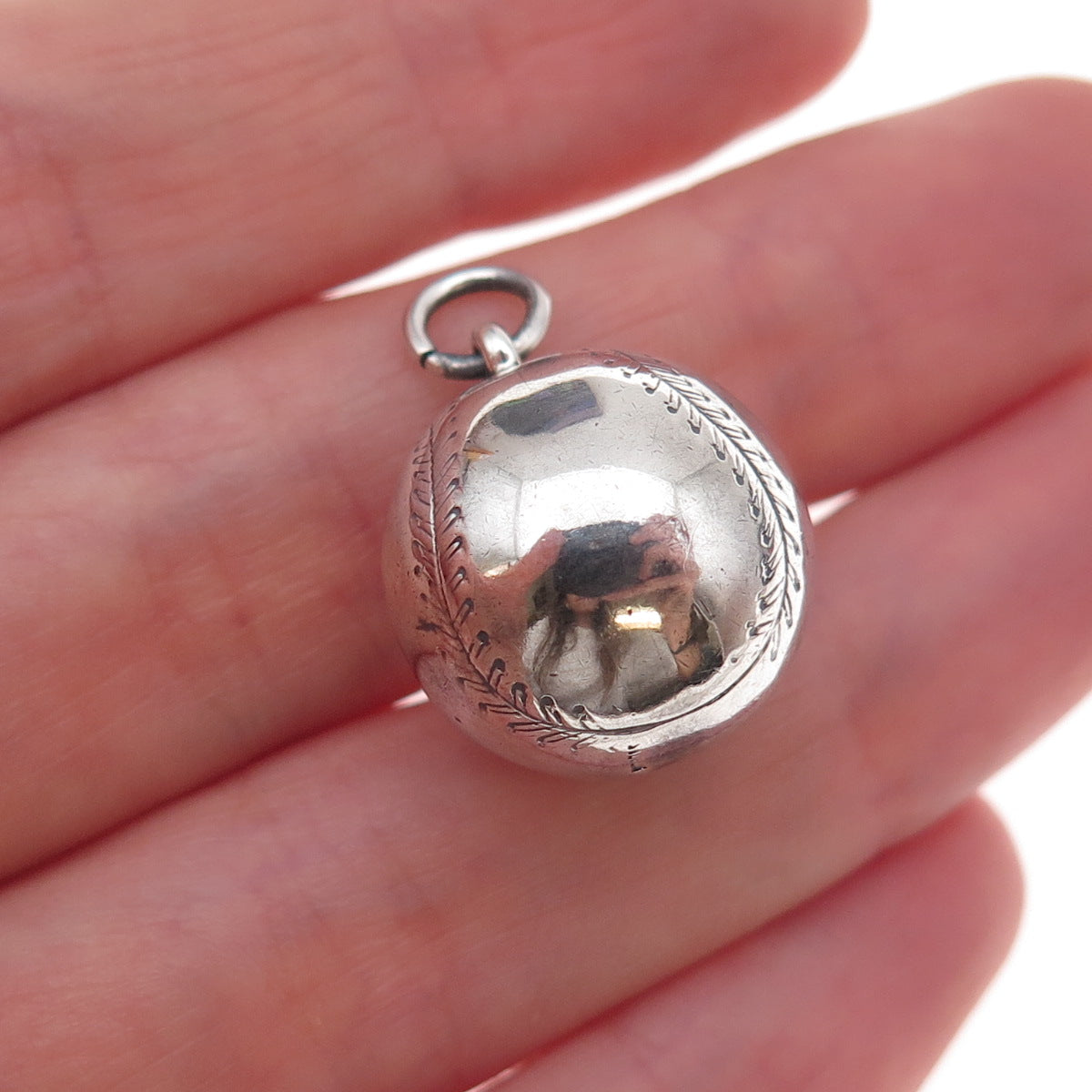 925 Sterling Silver Antique Art Deco Baseball Ball Oxidized 3D Charm Pendant