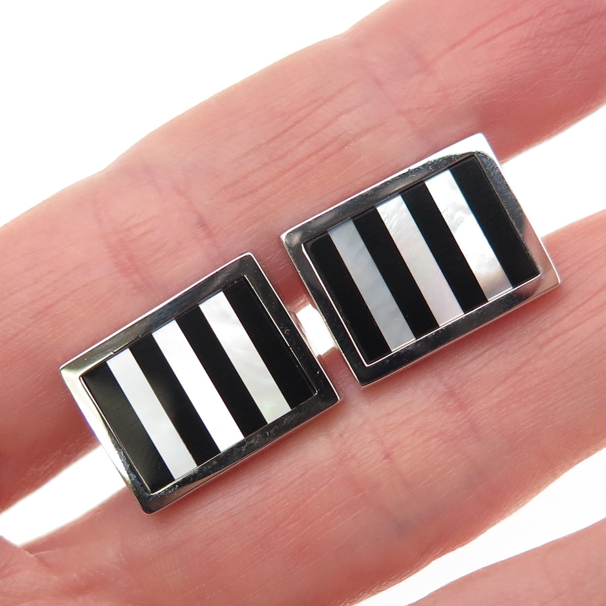 WEH Walter E Hayward 925 Sterling Silver Vintage Real MOP & Black Onyx Cufflinks