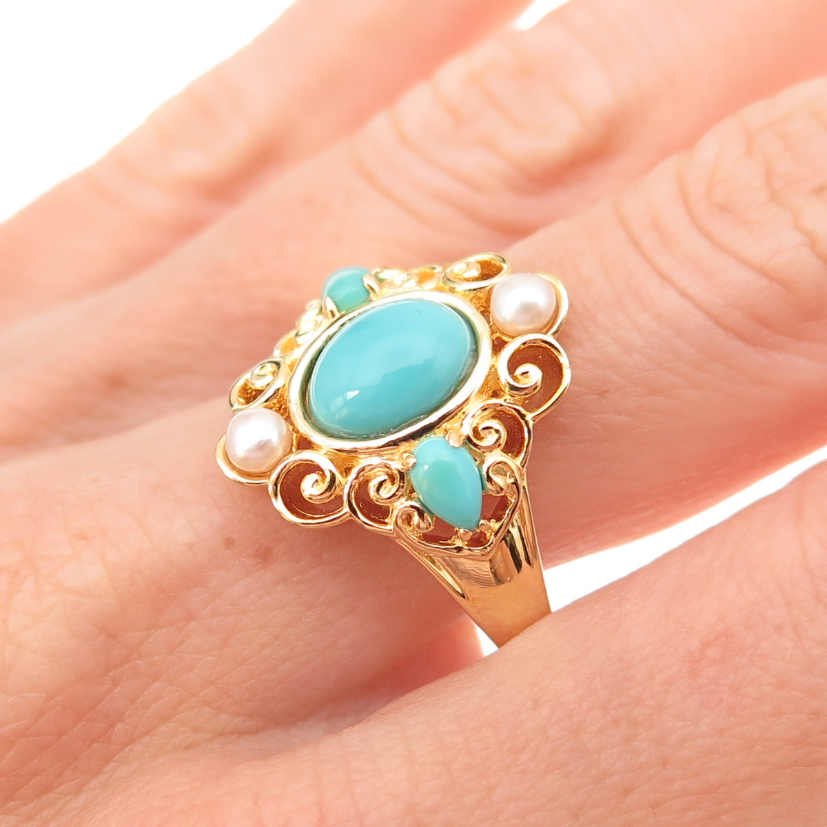 925 Sterling Silver Gold Plated Real Turquoise & Pearl Floral Ring Size 10
