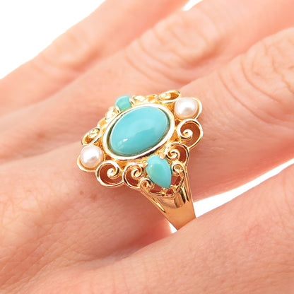 925 Sterling Silver Gold Plated Real Turquoise & Pearl Floral Ring Size 10