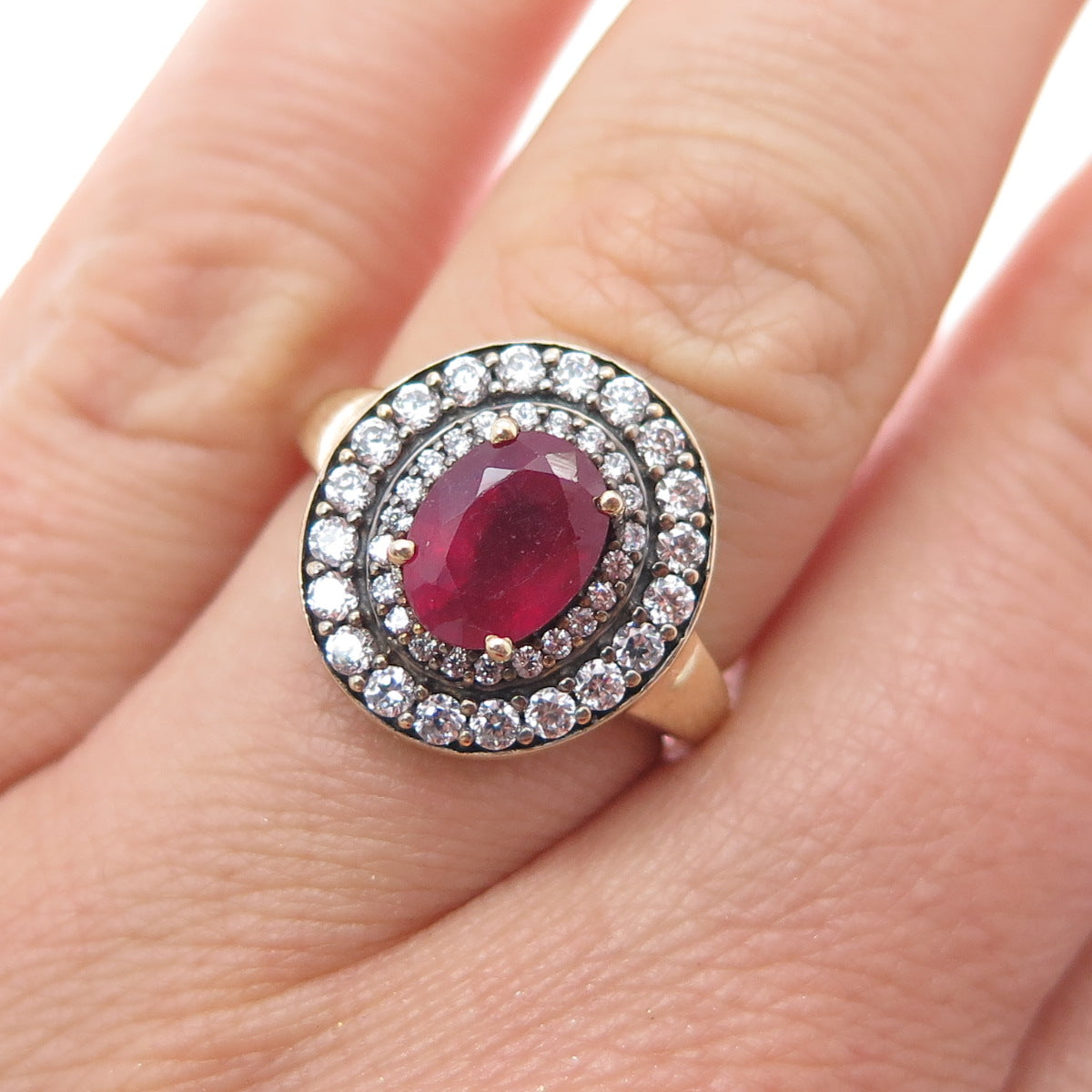 925 Sterling Silver Gold Plated Real Oval-Cut Ruby & C Z Ring Size 6.75