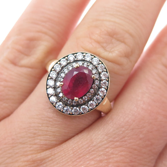 925 Sterling Silver Gold Plated Real Oval-Cut Ruby & C Z Ring Size 6.75