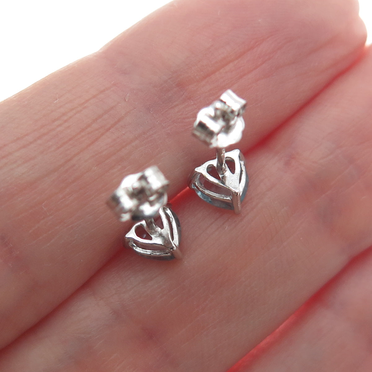 925 Sterling Silver Heart-Cut Blue C Z Stud Earrings