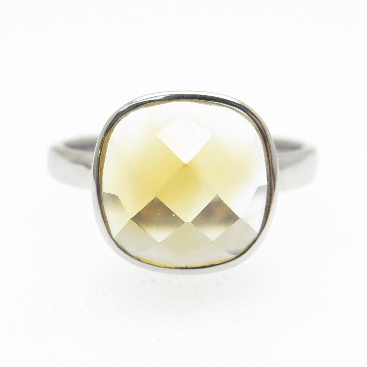 DSMK 925 Sterling Silver Checkered Citrine Gemstone Minimalist Ring Size 7.25