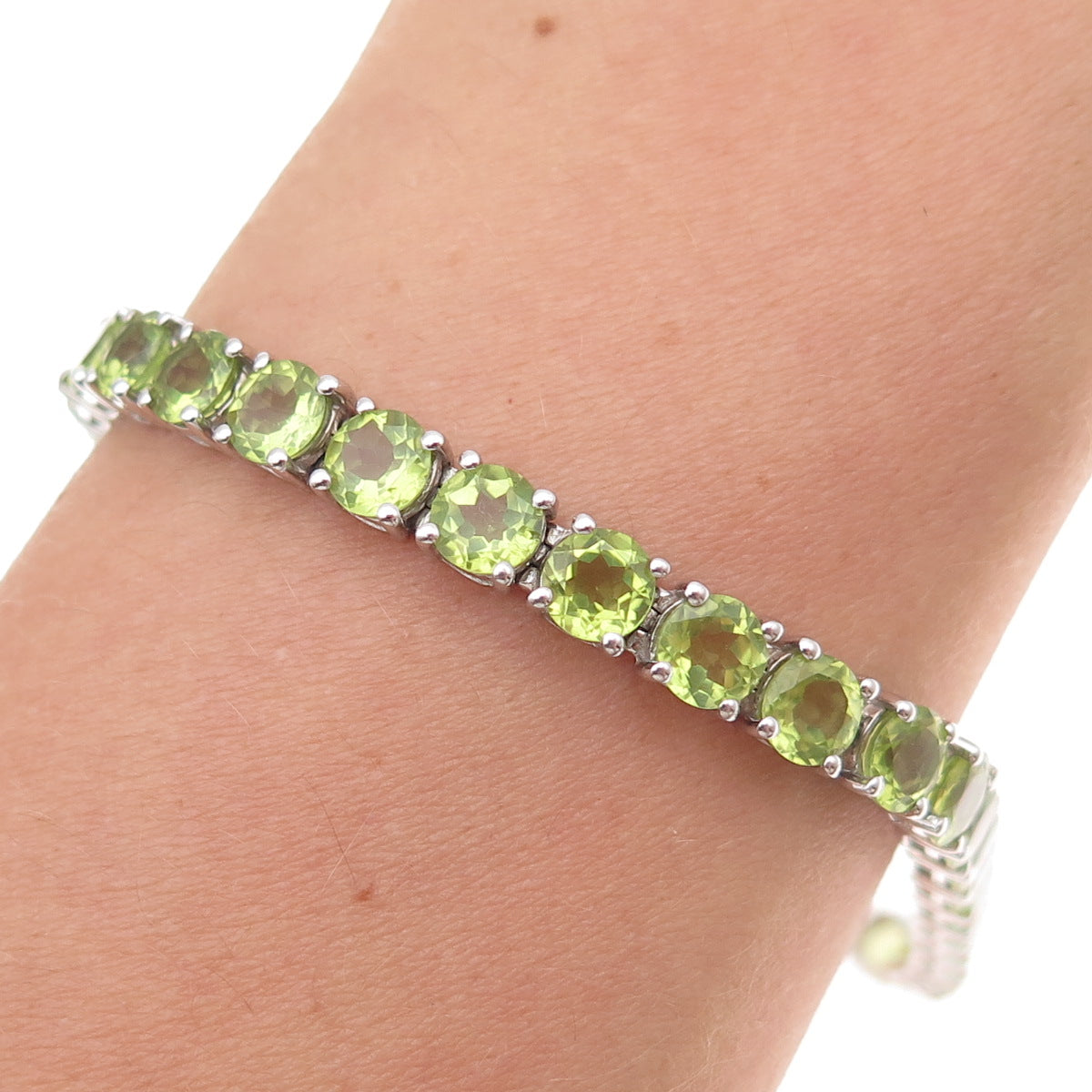 925 Sterling Silver Vintage Real Round-Cut Peridot Bracelet 6.75"