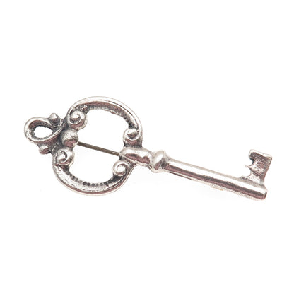 925 Sterling Silver Antique Art Deco Key Oxidized Pin Brooch