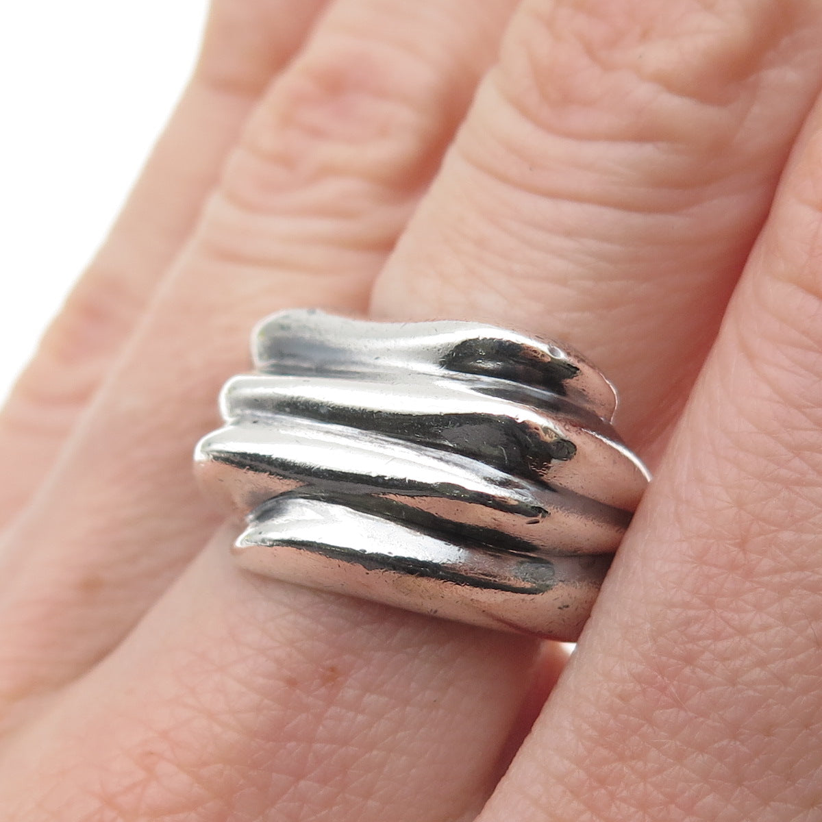 925 Sterling Silver Vintage Mexico Modernist Ribbed Oxidized Ring Size 7