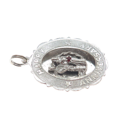 925 Sterling Silver Antique Rhinestone Engraved Happy Anniversary Charm Pendant