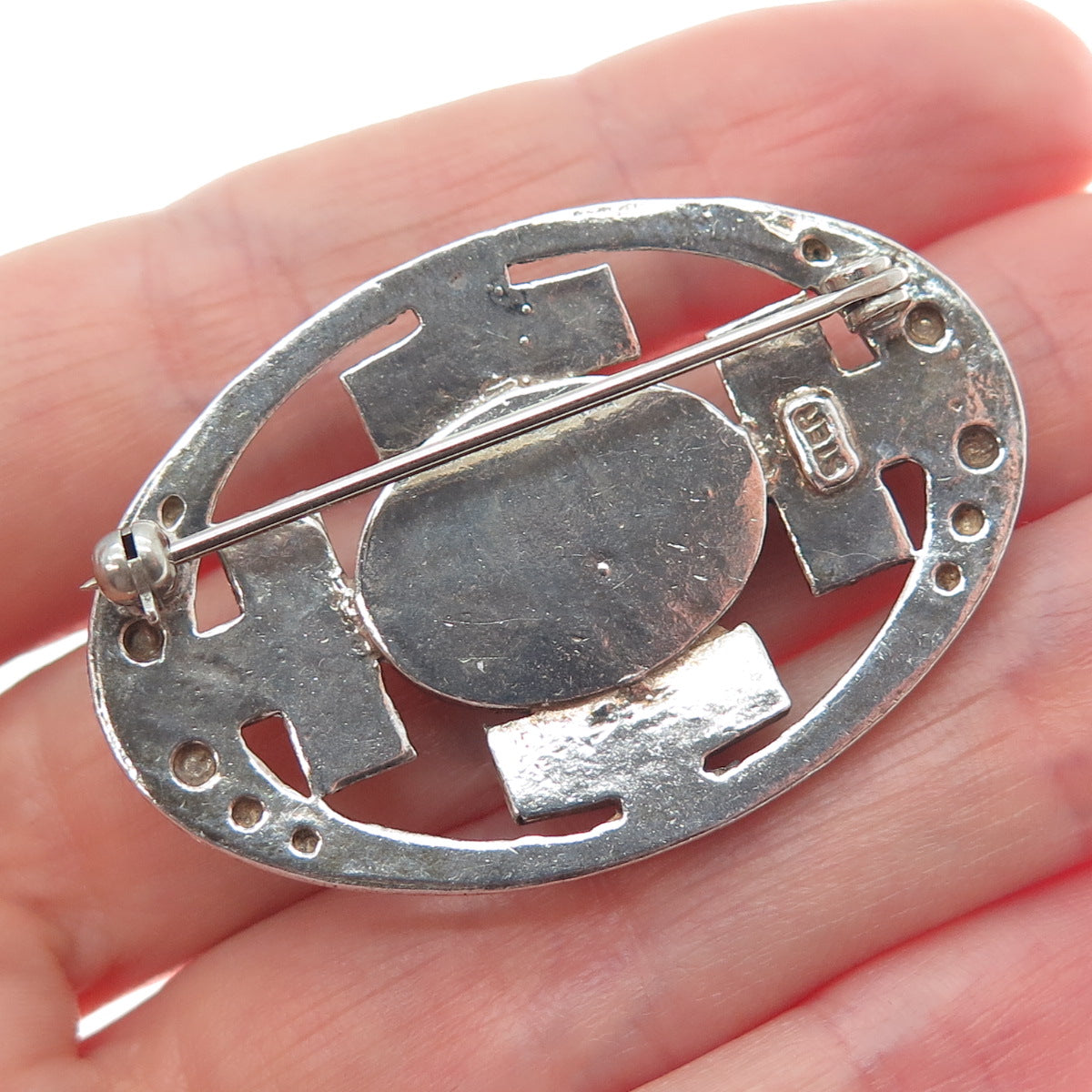 925 Sterling Silver Vintage Real Sodalite Greek Key Oxidized Pin Brooch