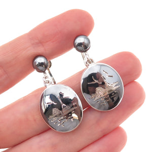 925 Sterling Silver Antique Siam Niello Old Town Screw Back Dangle Earrings