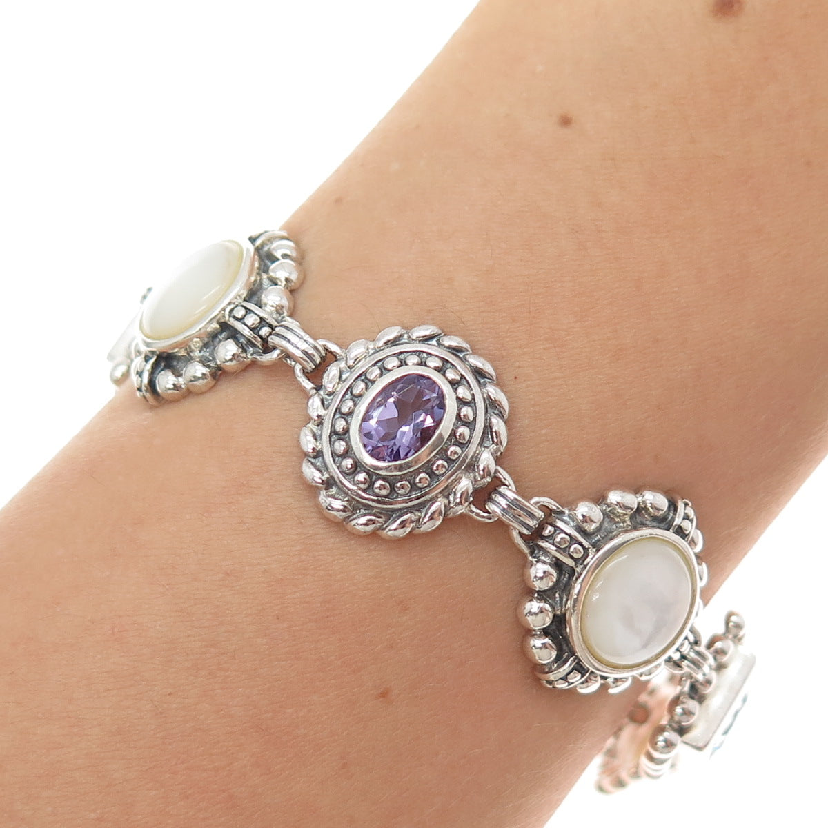 925 Sterling Silver Vintage Real Blue Topaz Amethyst & MOP Bracelet 7.5"