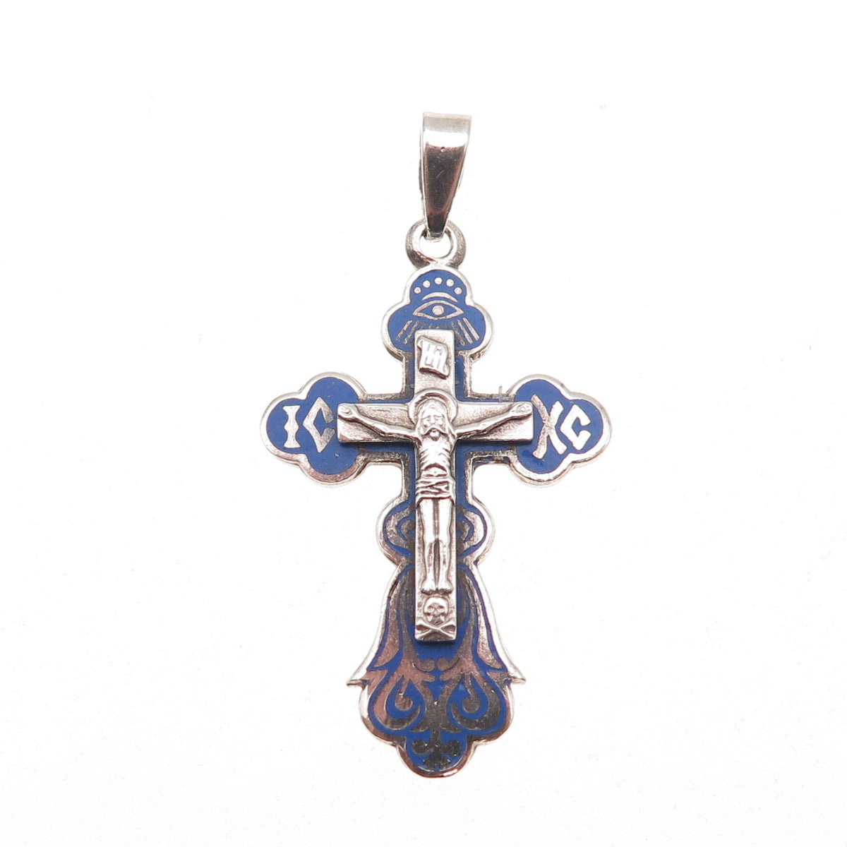 925 Sterling Silver Vintage Enamel Save & Protect Orthodox Cross Charm Pendant