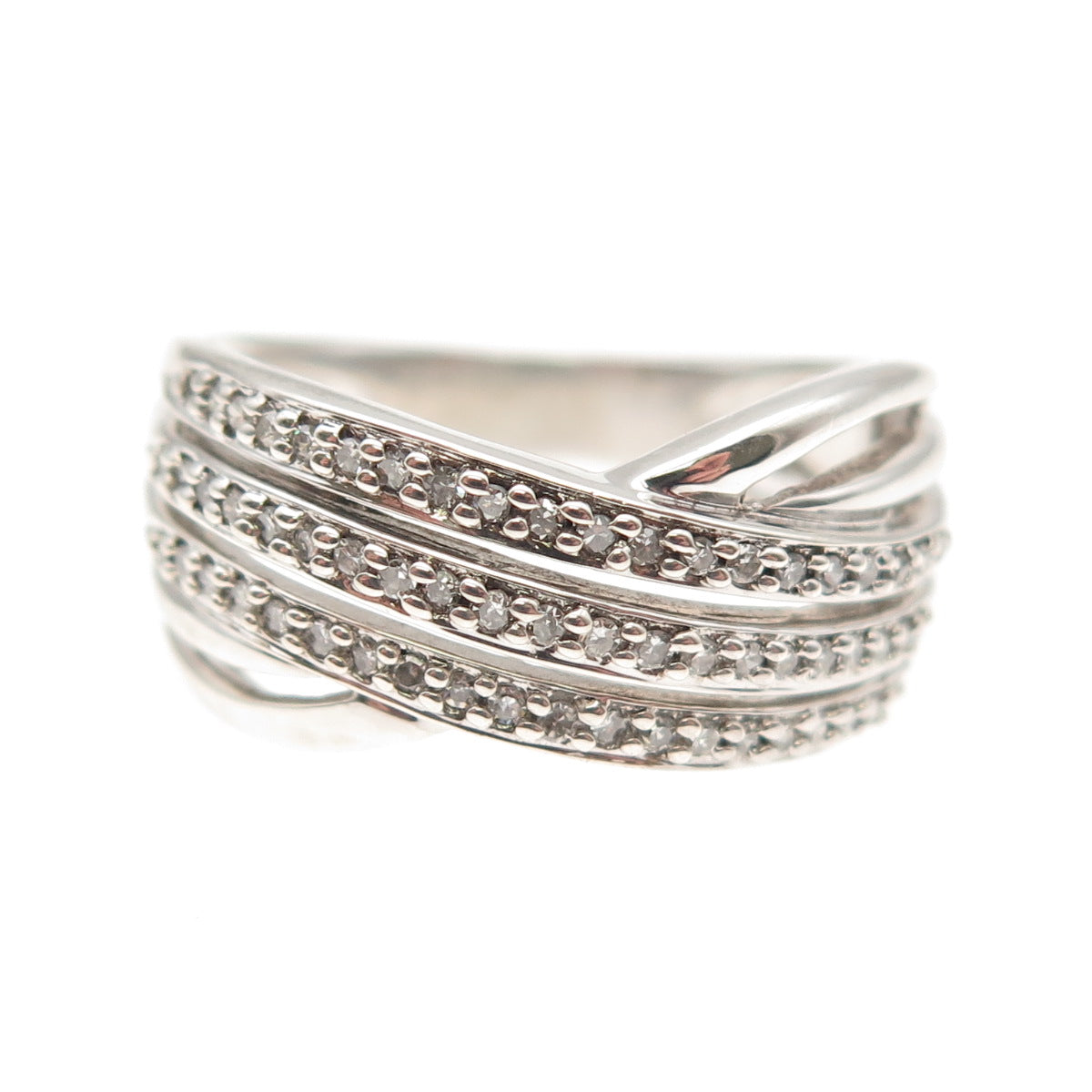 925 Sterling Silver Real Round-Cut Diamond Crisscross Ring Size 7.25