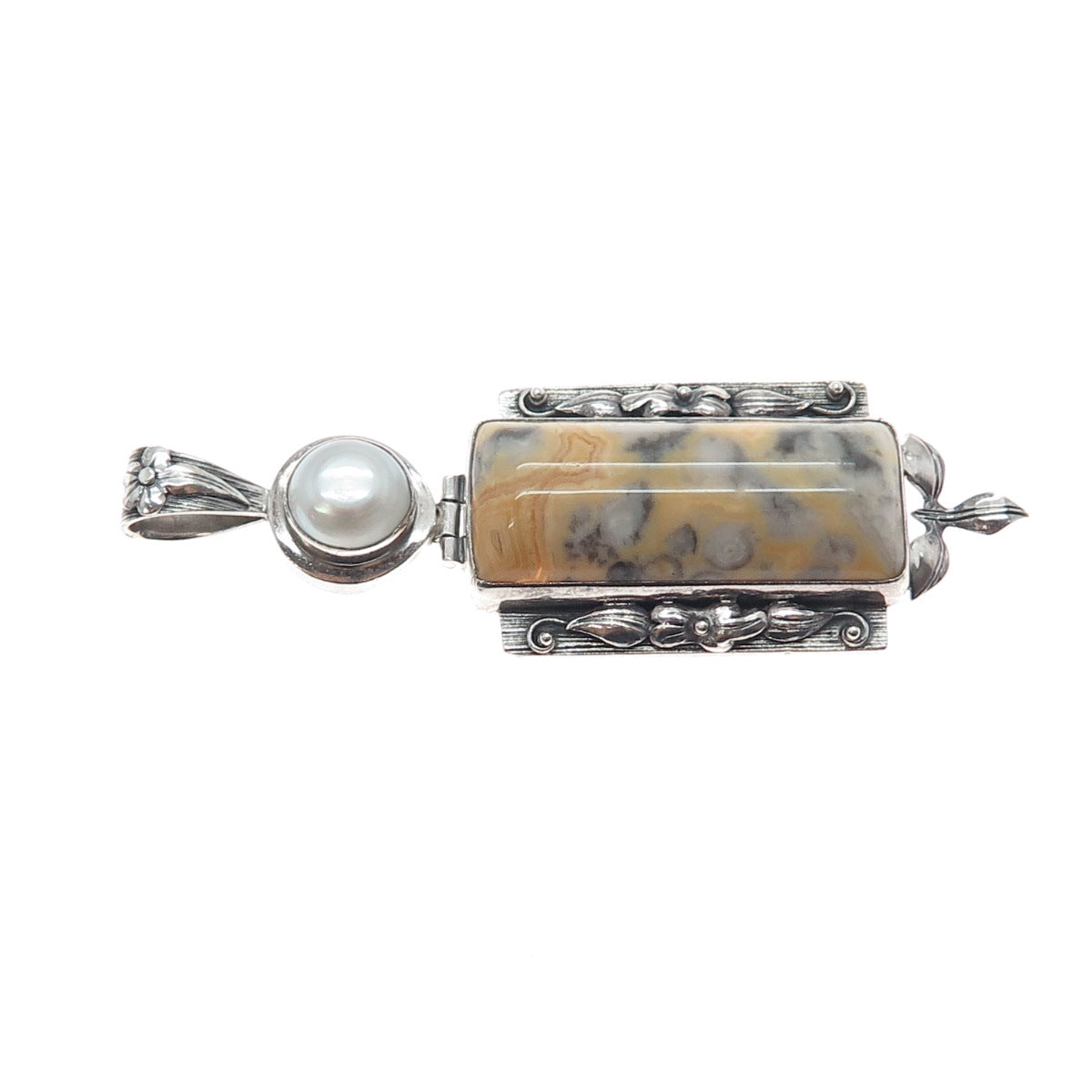 AF DESIGN 925 Sterling Silver Vintage Real Jasper & Pearl Modernist Pendant
