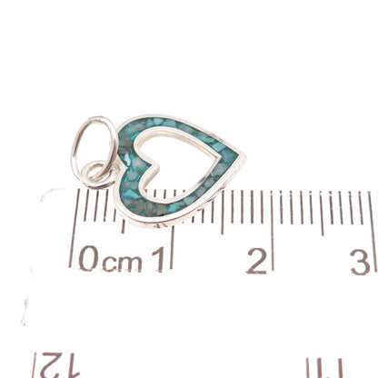 925 Sterling Silver Vintage Real Turquoise Inlay Open Heart Charm Pendant