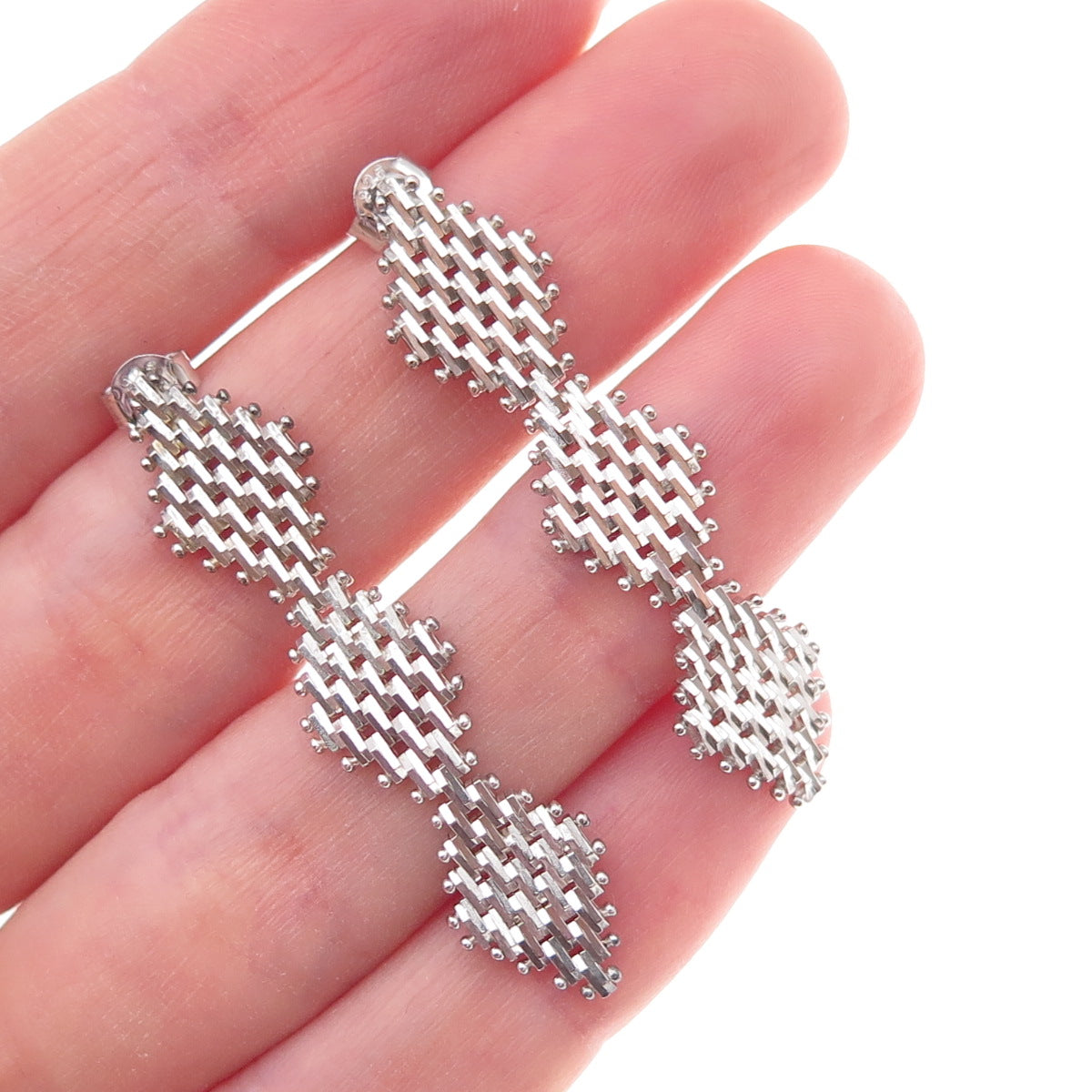 925 Sterling Silver Vintage Mexico Diamond-Shape Mesh Dangle Earrings