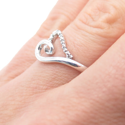 SUN 925 Sterling Silver Real Round-Cut Diamond Heart Ring Size 6.75