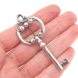 925 Sterling Silver Antique Art Deco Key Oxidized Pin Brooch