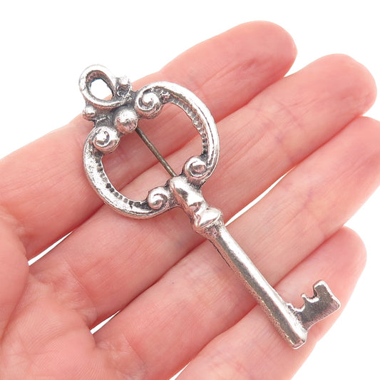 925 Sterling Silver Antique Art Deco Key Oxidized Pin Brooch