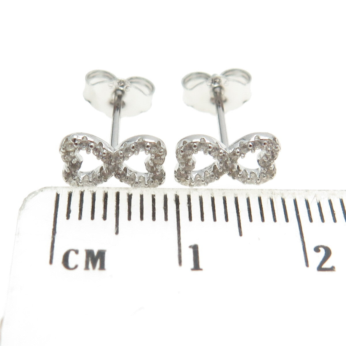 925 Sterling Silver Round-Cut C Z Bow Tie Heart Stud Earrings