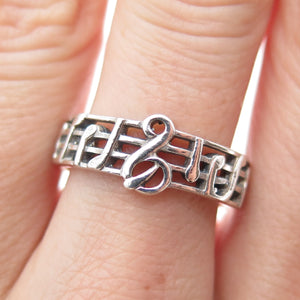925 Sterling Silver Vintage Treble Clef Music Note Oxidized Band Ring Size 8.75