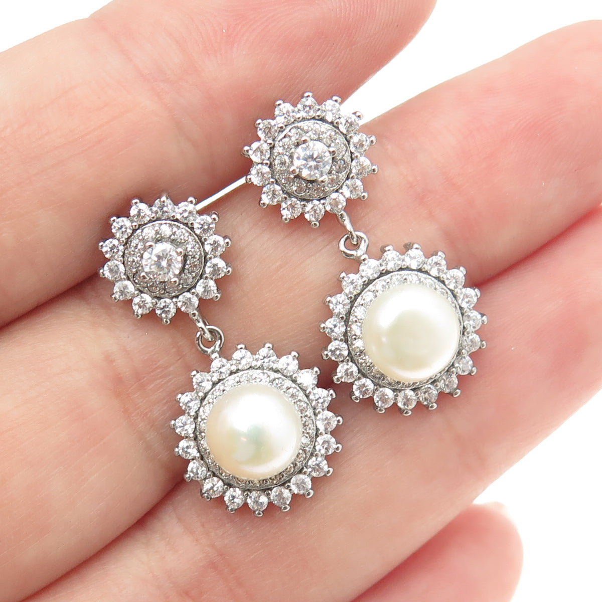 925 Sterling Silver Real Pearl & Round-Cut C Z Flower Dangling Earrings