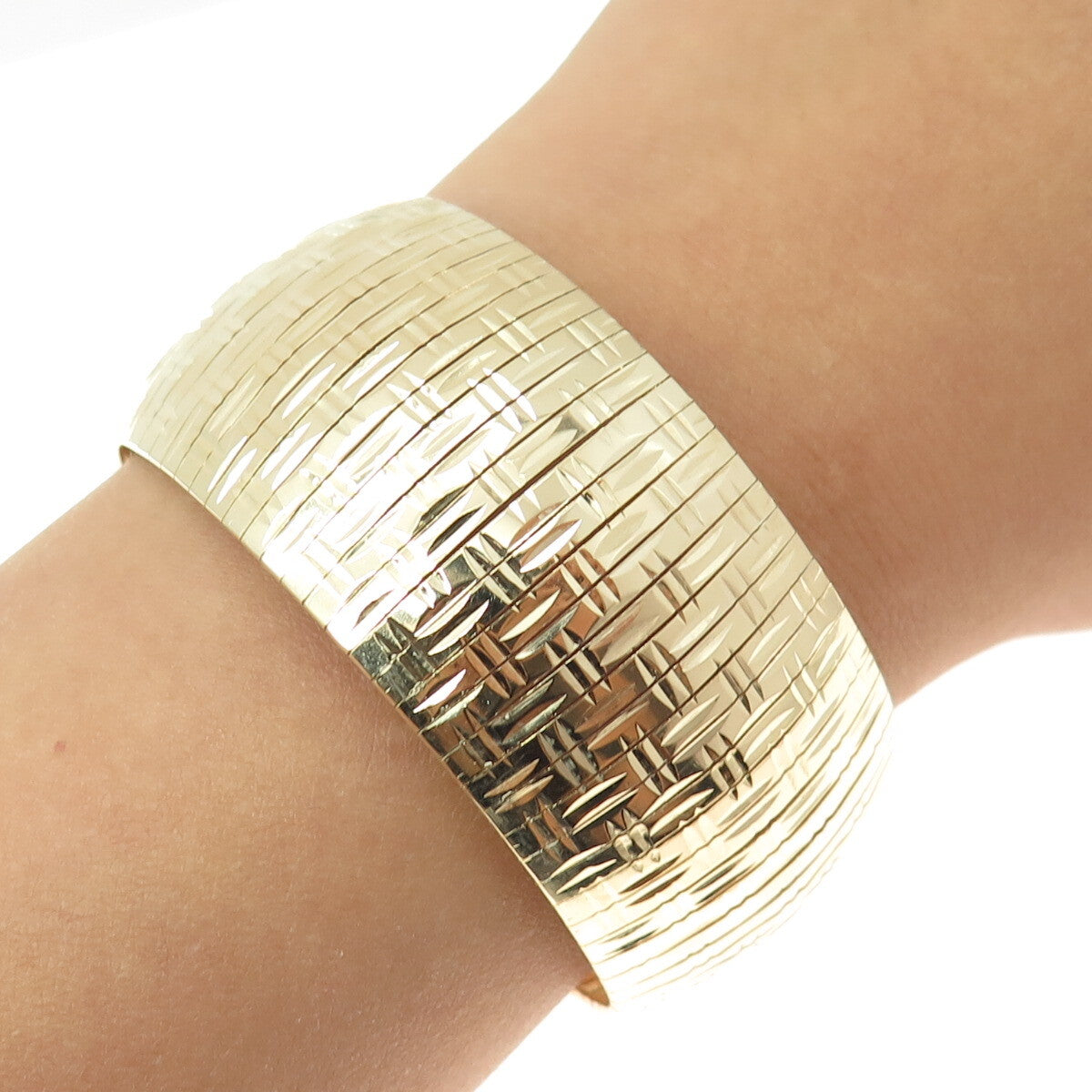 LIRM 925 Sterling Silver Gold Plated Italy Diamond-Cut Bamboo Bar Bracelet 7.5"
