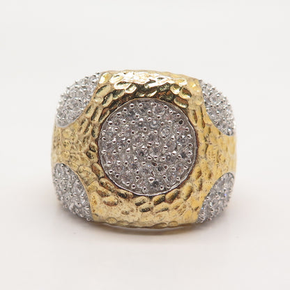 925 Sterling Silver Gold Plated Pave C Z Hammered Finish Wide Ring Size 8.25