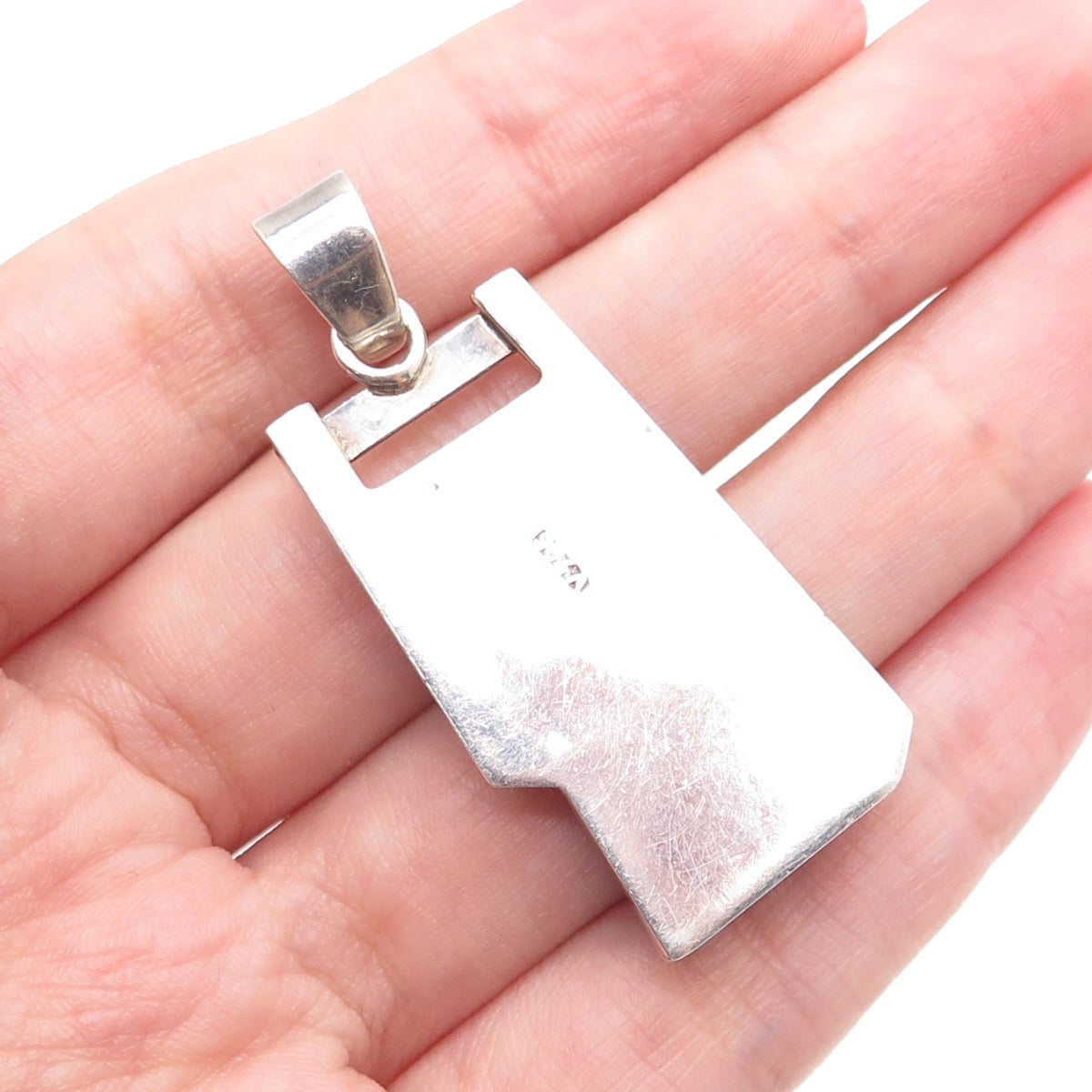 925 Sterling Silver Vintage V Artisan Polychrome Jasper Modernist Charm Pendant