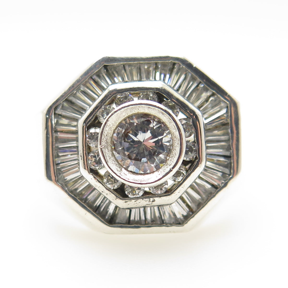 925 Sterling Silver Round & Tapered Baguette C Z Statement Ring Size 14.5