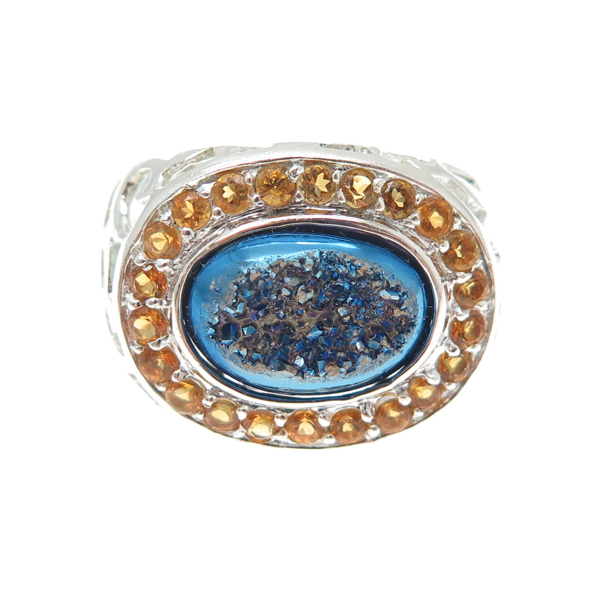 925 Sterling Silver Real Oval-Cut Druzy & Round-Cut Citrine Ring Size 5.25