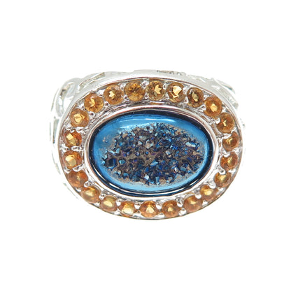 925 Sterling Silver Real Oval-Cut Druzy & Round-Cut Citrine Ring Size 5.25