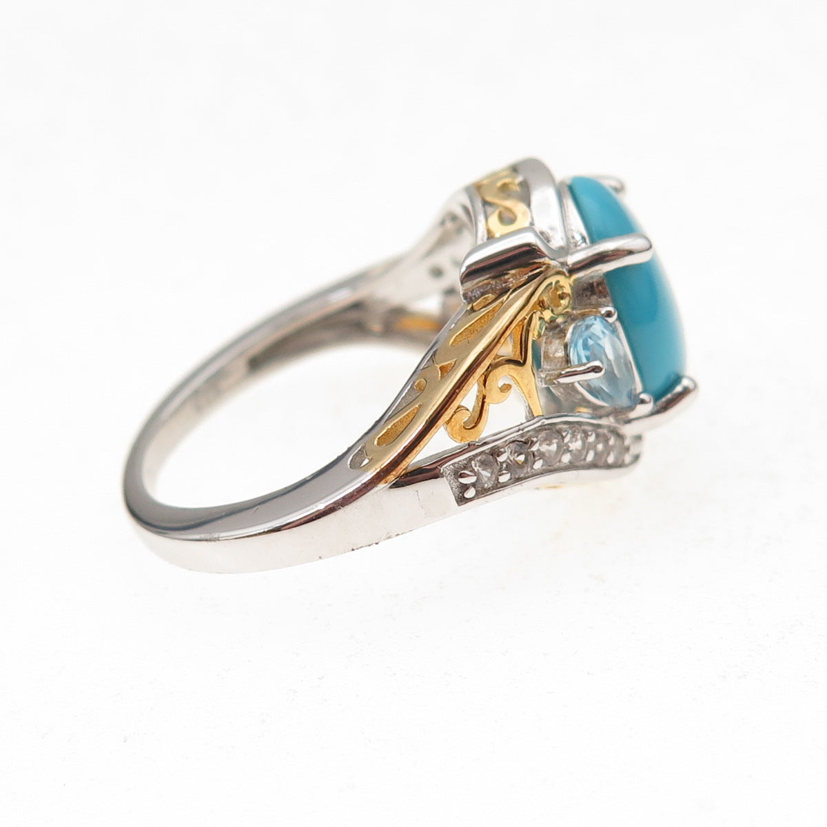 925 Sterling Silver 2-Tone Real Turquoise Blue & White Topaz Ring Size 8.25
