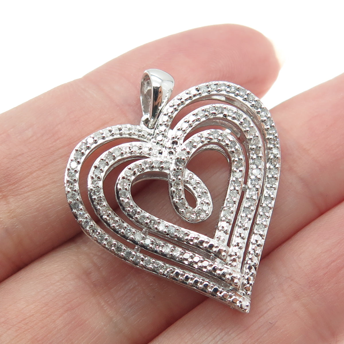 SUN 925 Sterling Silver Real Round-Cut Diamond Multi-Row Heart Pendant