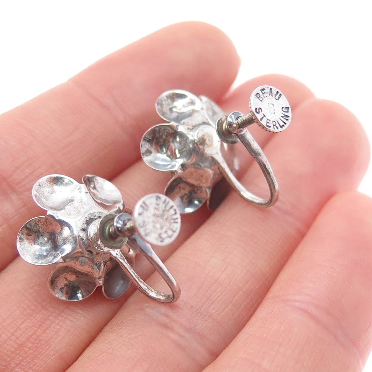 BEAU 925 Sterling Silver Antique Art Deco Rose Oxidized Screw Back Earrings